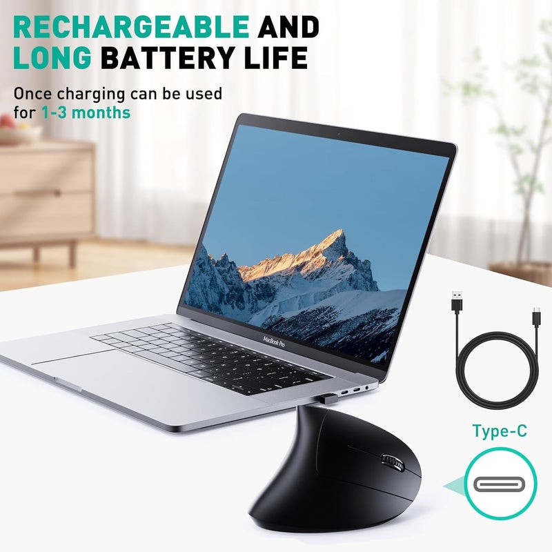 JYKEYMOUT Bluetooth and 2.4G (2-in-1) Rechargeable Wireless Mouse, Ergonomic Vertical Design, 1000/1200/1600 DPI, 6 Silent Buttons, for Laptop, Computer, PC, MacBook, Chromebook-Black - Image 5